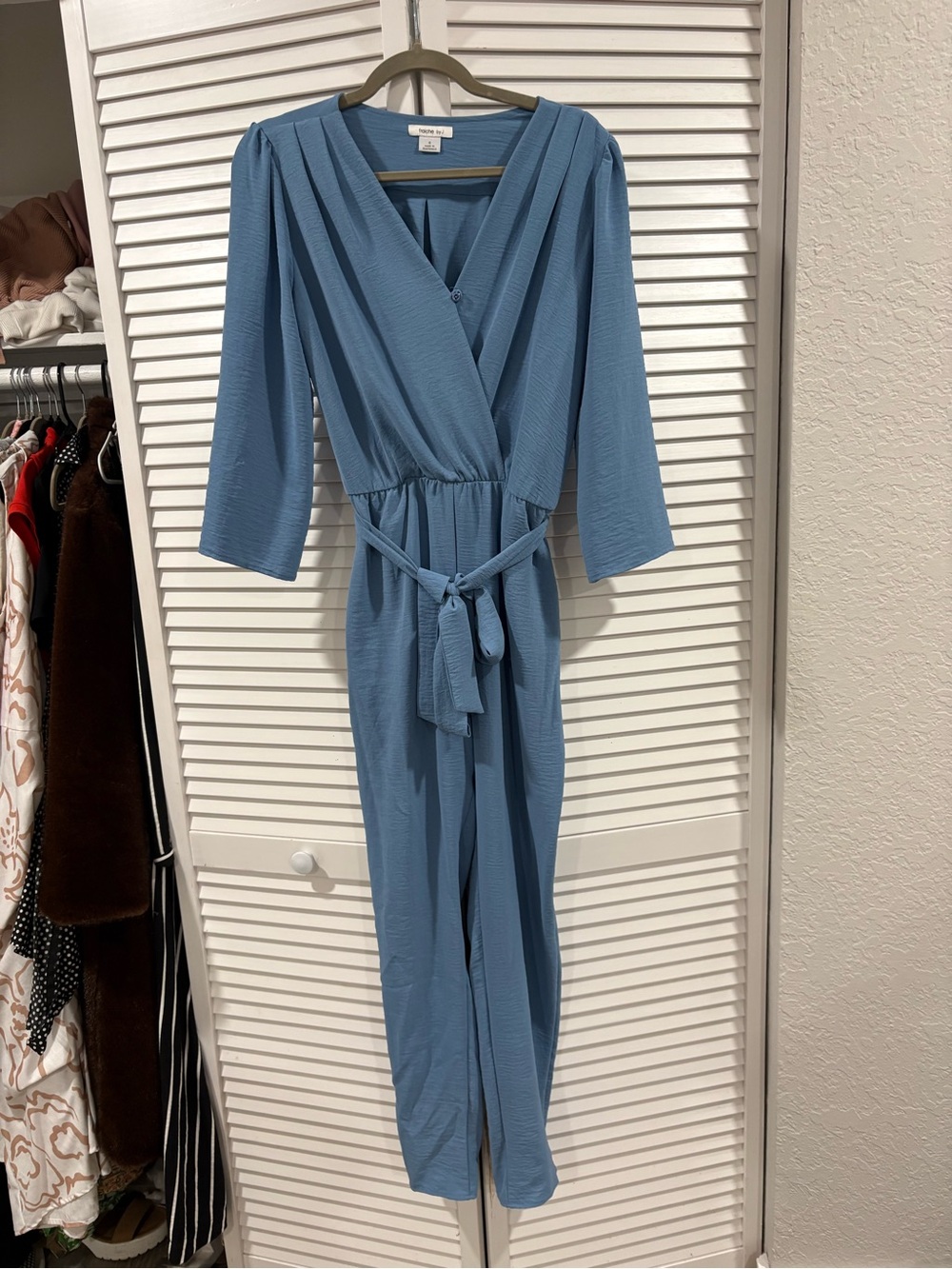 Fraiche by J Blue Wrap Jumpsuit Women’s Small Tie Waist Wide Leg Pockets Boho